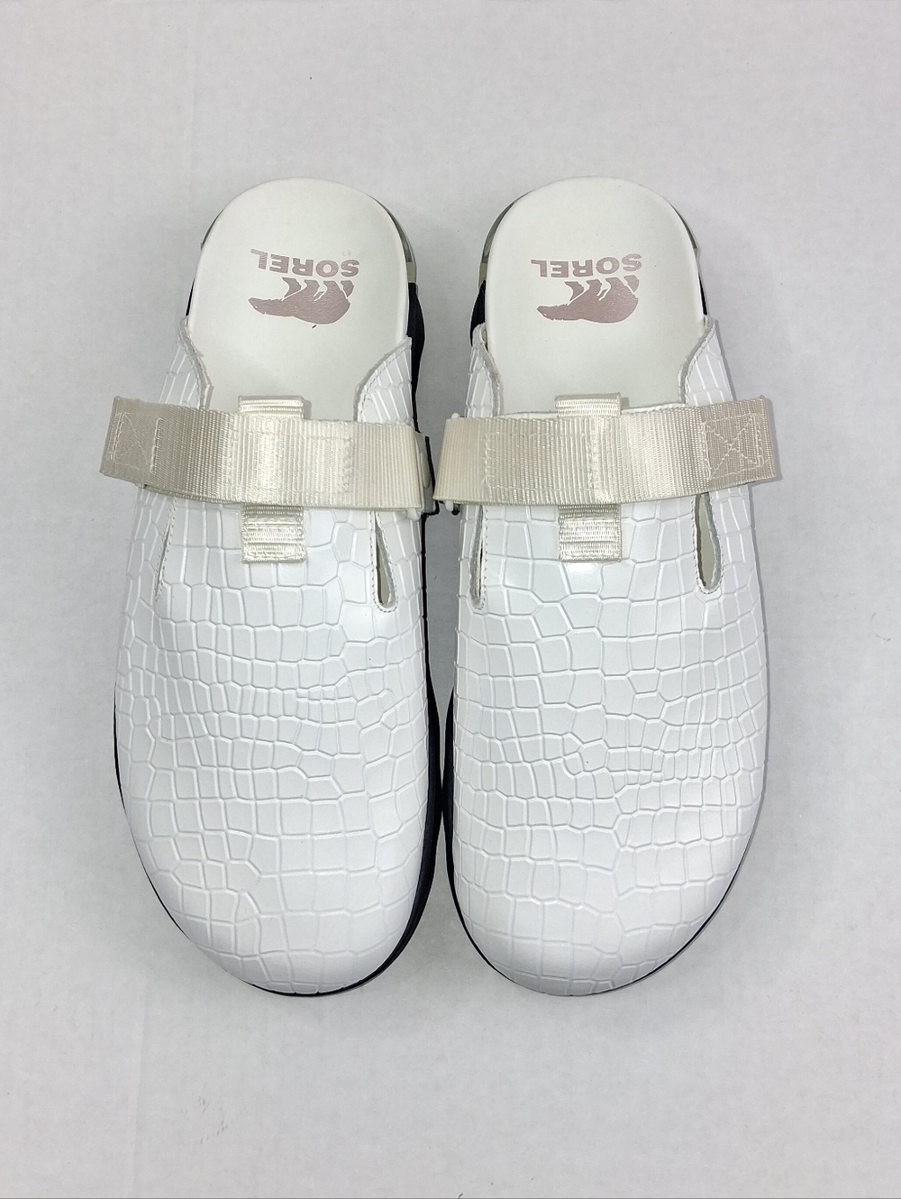 Sorel Viibe White Croc Embossed Slip On Mule Clogs